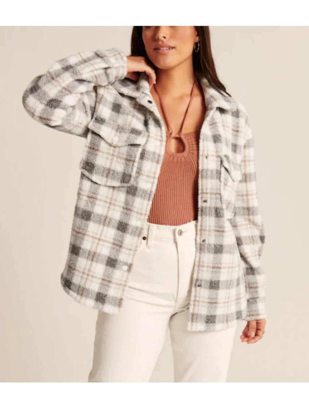 Abercrombie & Fitch Plaid Utility Shacket in Gray & Cream